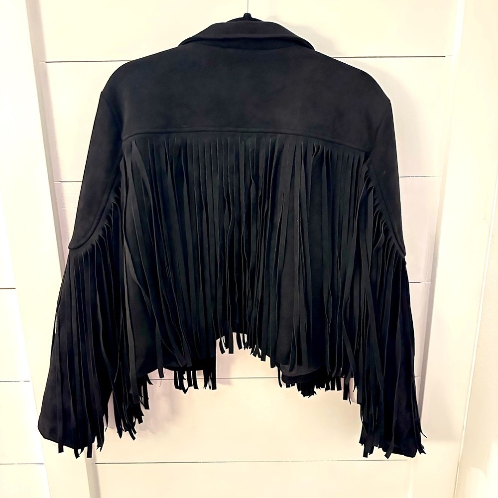 Y2K XL Fringe Black Faux Suede waist jacket cowgirl western festival Rock 90’s - Picture 3 of 12